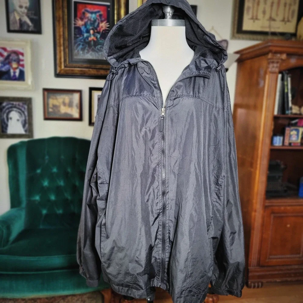 eb79 Windbreaker Jacket Black Hooded Full Zip Lightweight Plus Size Mens 4XL New - Picture 1 of 6